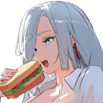 Rule 34 | 1girl, alternate costume, bread, bread slice, bright pupils, close-up, collared shirt, commentary, earrings, eating, food, genshin impact, grey hair, jewelry, lettuce, multicolored eyes, open mouth, sandwich, shenhe (genshin impact), shirt, simple background, solo, tassel, tassel earrings, tomato, tomato slice, white background, white pupils, white shirt, yumeto (ym-1)