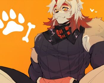 1boy :3 animal_ears arknights bara bare_shoulders black_shirt blush brown_fur commentary_request detached_sleeves dog_boy dog_ears dokiizz furry furry_male heart horns hung_(arknights) looking_at_viewer male_focus medium_hair multicolored_hair muscular muscular_male orange_background orange_eyes orange_hair paw_print pectorals shirt single_horn sleeveless sleeveless_shirt smile solo streaked_hair two-tone_fur white_fur white_hair