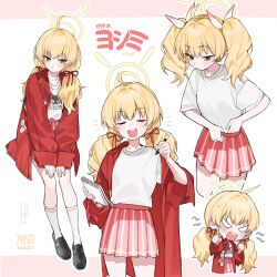 Rule 34 | 1girl, adjusting shirt, ahoge, black footwear, blank eyes, blonde hair, blue archive, blush, brown eyes, character name, chibi, chibi inset, coat, commentary, emphasis lines, glaring, hair ribbon, halo, highres, holding, holding marker, holding notebook, loafers, long hair, low twintails, marker, multiple views, notebook, notice lines, official alternate costume, open clothes, open coat, pink skirt, pleated skirt, red coat, red ribbon, ribbon, shirt, shirt tucked in, shoes, sirin (sirin 8 8), skirt, socks, sweat, t-shirt, translation request, tsundere, twintails, v-shaped eyes, white shirt, white socks, yoshimi (band) (blue archive), yoshimi (blue archive)