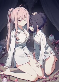 2girls ahoge alternate_hairstyle arm_support bare_legs barefoot black_hair blue_eyes blush bottomless bra bra_peek breasts button_gap candy closed_mouth collared_shirt commentary cupcake curtains dress_shirt food hair_between_eyes hair_ribbon hand_on_another's_thigh happy_sugar_life headpat highres jewelry kneeling koube_shio long_hair long_sidelocks long_sleeves looking_at_another macaron maidcode1023 matsuzaka_satou medium_breasts multiple_girls naked_shirt no_pants one_eye_closed open_clothes open_shirt panties panty_peek partially_unbuttoned pink_eyes pink_hair ponytail ribbon ring shirt sidelocks sitting sleeves_past_wrists small_breasts smile sweets underwear wariza white_shirt wrapped_candy