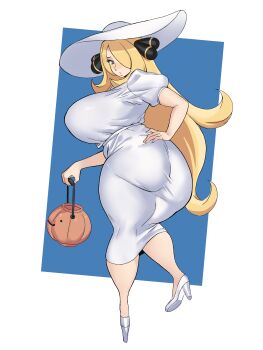 1girl absurdres ass blonde_hair blue_background blush border breasts cynthia_(pokemon) dress from_behind full_body grey_eyes hair_ornament hair_over_one_eye high_heels highres large_breasts long_hair looking_back nintendo pokemon pokemon_dppt pokpa short_sleeves simple_background solo standing sundress white_border white_dress
