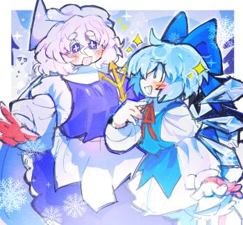 Rule 34 | 2girls, blue eyes, blue hair, blue ribbon, breasts, cirno, commentary, emerald kitty, english commentary, hair ribbon, highres, ice, ice wings, lapel pin, letty whiterock, looking at another, medium breasts, multiple girls, purple eyes, purple hair, ribbon, touhou, triangular headpiece, wings