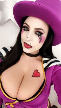 1girl angela_white borderlands_(series) breasts cleavage cosplay cosplay_photo hat highres large_breasts mad_moxxi makeup mascara photo_(medium) pornstar real_life red_lips solo