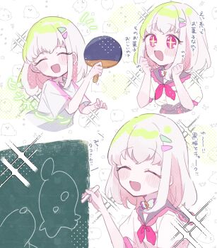 1girl absurdres animal_print asanegi_(asane_gi) chalk chalkboard chibi choker dog drawing_(action) excited fluffy food food_art green_hair hair_ornament hairclip hands_up highres kimi_to_idol_precure laughing medium_hair multicolored_hair multiple_views open_mouth paddle parallel_hairclips pink_eyes pink_sailor_collar playing_sports precure purirun_(civilian)_(precure) purirun_(precure) ribbon_choker sailor_collar school_uniform smile sparkle table_tennis_paddle tako-san_wiener two-tone_hair white_hair