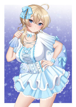 1girl blonde_hair blue_background blue_eyes blush border breasts cleavage commentary_request dress hair_between_eyes hair_ornament hair_ribbon highres kantai_collection large_breasts long_hair looking_at_viewer medium_hair ribbon sack santa_costume santa_dress snowing solo tuscaloosa_(kancolle) white_border white_dress white_santa_costume yomogi_dango