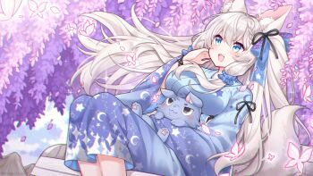 1girl animal_ears animal_hat black_ribbon blue_bow blue_eyes blue_kimono bow breasts bug butterfly commentary_request commission hair_bow hair_ribbon hat highres indie_virtual_youtuber insect izayoi_aotuki japanese_clothes kimono large_breasts long_hair long_sleeves open_mouth print_kimono purple_tree ribbon shan124680 sitting solo star_(symbol) star_print tail virtual_youtuber white_hair wide_sleeves wolf_ears wolf_girl wolf_tail