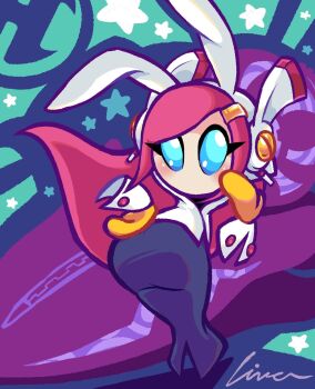 1girl 2025 abstract abstract_background artist_name ass bent_over blush closed_eyes commentary english_commentary female_focus floating gameplay_mechanics gloves hair_ornament hairclip hand_on_own_hip hand_up highres hoverboard huge_ass kirby:_planet_robobot kirby_(series) kirby_air_ride kirby_air_riders linacoelha logo long_hair looking_at_viewer looking_back machine nintendo no_mouth pink_hair rayman_limbs robot rocket_star shadow shadwo sidelocks solo star_(symbol) star_print susie_(kirby) teasing yellow_gloves