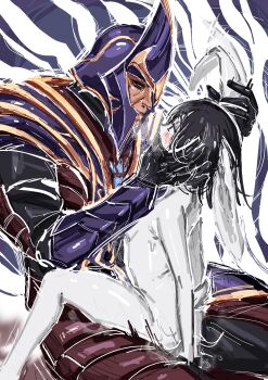 1boy 1girl 2025 absurdres aliasing animal_ears armor aroused black_gloves black_hair blush body_fur breasts clothed_male_nude_female cowgirl_position dota_(series) dota_2 eye_contact face-to-face furry furry_female gloves grabbing_another's_face grabbing_another's_head half-closed_eyes head_grab helmet highres hypnosis implied_sex looking_at_another medium_hair mind_control nude oc_x_canon original petite popisya rabbit_ears rabbit_girl rabbit_tail relaxing silencer_(dota) simple_background sketch small_breasts straddling suggestive_fluid tail white_fur