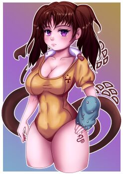 1girl breasts brown_hair cleavage diane_(nanatsu_no_taizai) fingerless_gloves gloves heyimcal234 large_breasts leg_tattoo leotard nanatsu_no_taizai purple_eyes short_sleeves single_glove snake_tattoo tattoo twintails