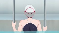 1girl animated anime_screenshot ass blue_one-piece_swimsuit breasts closed_eyes collarbone colored_inner_hair covered_navel goggles gradient_hair groin haite_kudasai_takamine-san highres huge_ass large_breasts long_hair multicolored_hair one-piece_swimsuit poolside purple_hair red_eyes school_swimsuit sidelocks sound swimsuit tagme takamine_takane thighs two-tone_hair video wet wet_clothes wet_swimsuit