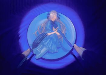 1girl 1other ascot blue_ascot blue_dress blue_flower bouquet chinese_commentary closed_eyes commentary_request cute_mdr dress flower fork grey_hair hair_flower hair_ornament hair_over_one_eye highres holding holding_bouquet holding_fork holding_knife isekaijoucho kamitsubaki_studio knife light_blush long_hair lying on_back on_plate parted_lips pov pov_hands puffy_sleeves short_sleeves