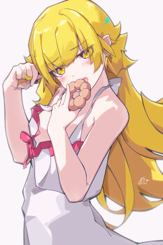 Rule 34 | 1girl, absurdres, blonde hair, blush stickers, commentary request, donut, dress, dress ribbon, eating, food, hair flaps, head tilt, highres, holding, holding donut, holding food, long hair, looking at viewer, monogatari (series), oshino shinobu, pink ribbon, pointy ears, ribbon, signature, solo, sunekos, twirling hair, upper body, very long hair, white background, white dress, yellow eyes