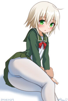 1girl ass blonde_hair blush commentary_request dated fur-trimmed_sleeves fur_trim green_eyes green_jacket green_skirt jacket kantai_collection long_sleeves no_panties open_mouth pantyhose pleated_skirt ray.s sailor_collar school_uniform serafuku shimushu_(kancolle) short_hair sitting skirt solo twitter_username white_background white_pantyhose