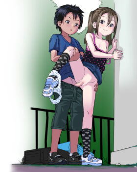 1boy 1girl :o against_wall backpack bag black_camisole black_hair black_shirt black_socks blue_footwear blue_shirt blue_skirt blush brown_hair camisole kodomo_doushi closed_mouth clothed_sex clothes_lift clothes_pull collarbone decensored denim denim_skirt erection flat_chest full_body green_shorts grey_eyes grey_footwear hair_between_eyes heart heart_print heart_socks hetero highres kneehighs leg_lift loli moon_print multicolored_camisole multicolored_footwear multicolored_kneehighs multicolored_shirt multicolored_socks nipples open_mouth original outdoors panties panties_around_leg penis polka_dot polka_dot_camisole polka_dot_shirt print_camisole print_kneehighs print_panties print_shirt print_socks print_underwear pussy sex shirt shirt_lift shoes shorts shorts_pull shota skirt skirt_lift smile sneakers socks spaghetti_strap standing standing_sex star_(symbol) star_panties star_print strap_slip sweat t-shirt tan tanline third-party_edit twintails uncensored underwear underwear_around_leg unmaker unworn_backpack unworn_bag vaginal velcro velcro_footwear white_footwear white_panties