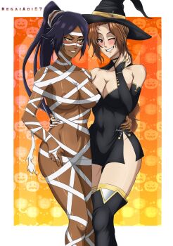 2girls bare_shoulders bleach bleach:_sennen_kessen-hen blush boots breasts collarbone dark-skinned_female dark_skin detached_sleeves hair_ornament halloween halloween_costume hat knee_boots kurosaki_masaki large_breasts long_hair multiple_girls mummy_costume negaiaoi928374 ponytail purple_hair shihouin_yoruichi shiny_skin witch witch_hat yellow_eyes