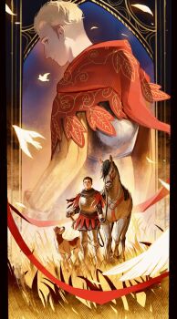 Rule 34 | 2boys, arm armor, armor, armored gloves, belt, bird, black belt, black border, black hair, blonde hair, blue eyes, border, breastplate, cape, capelet, closed mouth, commentary, dog, english commentary, falling feathers, feathers, feet out of frame, field, full armor, grey capelet, hans capon, henry of skalitz, highres, holding, holding sword, holding weapon, horse, jacket, kingdom come: deliverance ii, leg armor, looking at viewer, looking to the side, looking up, male focus, multiple boys, nose, profile, red cape, red ribbon, ribbon, short hair, smile, standing, sword, tworain w, upper body, weapon, yellow jacket