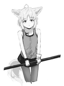 Rule 34 | 1girl, absurdres, ahoge, animal ears, arknights, bare arms, bare shoulders, collarbone, cropped legs, fuyukono, gloves, greyscale, highres, infection monitor (arknights), looking at viewer, material growth, monochrome, oripathy lesion (arknights), pantyhose, parted lips, short hair, simple background, solo, standing, sussurro (arknights), tail, tank top, white background