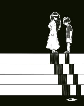 1boy 1girl alternate_costume antenna_hair brother_and_sister dress greyscale highres loafers long_hair mari_(faraway)_(omori) mari_(omori) monochrome no_eyes omori open_mouth outline shirt shoes short_hair short_sleeves shorts siblings something_(omori) spoilers stairs sunny_(omori) t-shirt tsuno_(ikkakusu)