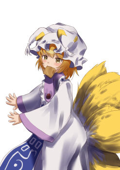 1girl absurdres animal_ears blonde_hair blue_tabard blush commentary_request cowboy_shot dress fox_ears fox_tail hat highres kanilevel long_sleeves looking_at_viewer mob_cap mouth_hold multiple_tails open_hands outstretched_arms short_hair simple_background solo tabard tail touhou white_background yakumo_ran yellow_eyes