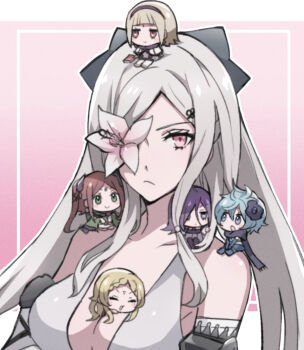 5girls between_breasts black_bow black_hairband blonde_hair blue_hair blue_scarf blunt_bangs bob_cut book bow braid braided_bangs breasts brown_hair capelet chibi closed_eyes closed_mouth collarbone detached_sleeves drag-on_dragoon drag-on_dragoon_3 dress facial_mark five_(drag-on_dragoon) flower flower_over_eye forehead_mark four_(drag-on_dragoon) gradient_background green_eyes hair_bow hair_ornament hairband hairclip large_breasts long_hair miichinori mini_person multiple_girls one_(drag-on_dragoon) open_mouth pink_background pink_eyes purple_eyes red_eyes scarf short_hair sidelocks sleeveless sleeveless_dress three_(drag-on_dragoon) twintails two_(drag-on_dragoon) upper_body white_capelet white_dress white_hair zero_(drag-on_dragoon)
