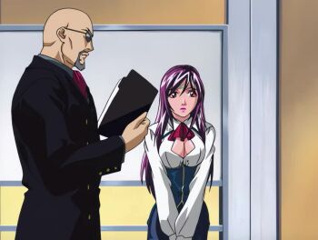 00s 1boy 1girl 2004 animated bald bench bible_black bible_black_new_testament blazer bouncing_breasts bow bowtie breasts cleavage cleavage_cutout clothing_cutout earrings facial_hair female_focus formal_clothes goatee ichikawa_aki jacket jewelry large_breasts lipstick long_coat long_hair makeup patch purple_hair red_eyes running shin_bible_black shoulder_patch sidelocks sound suit sunglasses surprised tagme tokken_division video yuge_toru