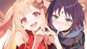 Rule 34 | 2girls, animal ears, black choker, blonde hair, blue hoodie, blue kimono, blue nails, brown eyes, cho kaguya-hime!, choker, colored inner hair, commentary request, crescent, crescent hair ornament, fang, forehead jewel, fox ears, fox girl, fox shadow puppet, fox shadow puppet kiss, green eyes, hair ornament, highres, hood, hood down, hoodie, japanese clothes, kaguya (cho kaguya-hime!), kimono, long hair, looking at viewer, multicolored hair, multiple girls, nail polish, open mouth, rabbit ears, rabbit girl, red kimono, red nails, sakayori iroha, short hair, teeth, upper teeth only, yakkom