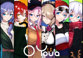 6+girls absurdres animal_ears arms_behind_head back bag beanie belt beret black_hat black_hoodie black_jacket blue_background blue_eyes blue_hair blue_nails border braid braided_ponytail brown_belt brown_hair brown_shirt brown_skirt casual center_frills cigarette cigarette_pack closed_mouth coat commentary_request eyewear_on_head fashion flower forehead fox_ears frills fu_hua fur-trimmed_jacket fur_trim glasses green_coat grey_hair grin hair_between_eyes hair_flower hair_ornament hair_over_one_eye hairpin hand_on_own_hip handbag hat highres holding holding_cigarette_pack holding_removed_eyewear honkai_(series) honkai_impact_3rd hood hooded_coat hoodie jacket jewelry kallen_kaslana long_hair long_sleeves looking_at_viewer looking_back low-tied_long_hair low_ponytail maid mole mole_under_eye multiple_girls murata_himeko nail_polish necklace necktie open_clothes open_coat open_mouth pink_eyes pink_flower pink_hair pink_rose polo_shirt ponytail purple_flower red_bag red_hair red_hat ribbed_sweater rita_rossweisse rose scarf shirt short_hair shoulder_bag side_ponytail skirt sleeveless sleeveless_turtleneck sleeves_rolled_up smile smoke smoking sunglasses sweater teeth theresa_apocalypse turtleneck unworn_eyewear vest white_hair white_shirt yae_sakura yellow_eyes you'a