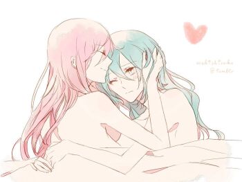 2girls alternate_hairstyle artist_name bad_id bad_pixiv_id blanket blue_hair blush closed_eyes convenient_censoring couple hatsune_miku heart hug kiss kissing_forehead lying megurine_luka multiple_girls muromaki nude one_eye_closed pink_hair vocaloid yuri