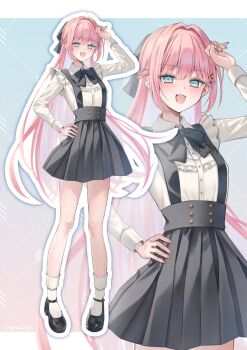 1girl black_skirt blue_eyes bow hair_bow highres khr_39 long_hair looking_at_viewer mary_janes open_mouth original pink_hair pink_nails shirt shoes skirt socks solo suspender_skirt suspenders white_shirt white_socks zoom_layer