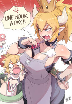 1boy 2girls anger_vein apron armlet bare_shoulders between_breasts black_dress blonde_hair blue_eyes blue_overalls blush bowser_logo bowsette bowsette_jr. bracelet breasts cleavage collar collarbone commentary_request crown dress emphasis_lines english_text fang flat_cap forked_eyebrows grey_apron hair_between_eyes hand_on_own_hip hat horns jewelry large_breasts mario mario_(series) mature_female mini_crown mother_and_daughter multiple_girls naked_tabard new_super_mario_bros._u_deluxe nintendo nintendo_switch open_mouth overalls ponytail red_hat red_shirt sharp_teeth shirt signature spiked_armlet spiked_bracelet spiked_collar spiked_shell spikes strapless strapless_dress super_crown sweat tabard tail tears teeth ter_(otokoter) thick_eyebrows turtle_shell v-shaped_eyebrows