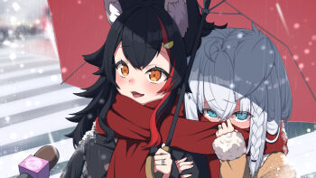 2girls adjusting_scarf ahoge alternate_costume animal_ears aobara_hairi aqua_eyes black_hair black_jacket blush braid commentary covering_own_mouth crosswalk fox_ears full-face_blush hair_ornament hairclip highres holding holding_umbrella hololive interview jacket jewelry long_hair long_sleeves meme microphone multicolored_hair multiple_girls ookami_mio red_hair red_scarf red_umbrella ring scarf scarf_over_mouth shared_clothes shared_scarf shirakami_fubuki side-by-side single_braid smile special_feeling_(meme) streaked_hair translation_request umbrella virtual_youtuber wedding_ring white_hair wolf_ears yellow_eyes yellow_jacket yuri