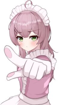 1girl absurdres ahoge alternate_costume apron blush brown_hair closed_mouth dress enmaided frills frown gloves green_eyes hair_ornament hairclip highres korean_commentary long_hair looking_at_viewer maid maid_apron maid_headdress pink_dress pink_hair pink_shirt pointing pointing_at_viewer sei_(0724sei6) shirt simple_background solo upper_body viichan virtual_youtuber waktaverse white_apron white_background white_gloves