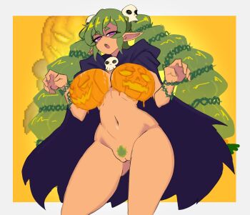 1girl absurdres bodypaint breasts cape cowboy_shot dark-skinned_female dark_skin doce drill_hair dryad_(terraria) fang female_focus female_pubic_hair green_hair hair_ornament half-closed_eyes highres large_breasts long_hair looking_at_viewer navel nude open_mouth plant pointy_ears pubic_hair pumpking_(terraria) purple_eyes pussy skin_fang skull_hair_ornament skull_ornament solo_focus terraria twin_drills uncensored vines yellow_background