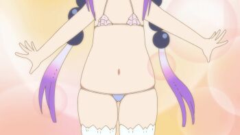 1girl animated animated_gif bare_arms bare_shoulders beads bikini black_bow blunt_bangs blush bow collarbone dragon_girl dragon_horns felipe_godoy female_focus flat_chest frilled_bikini frills gradient_hair hair_beads hair_bow hair_ornament horns jitome kanna_kamui kobayashi-san_chi_no_maidragon light_purple_hair loli long_hair low_twintails micro_bikini multicolored_hair navel purple_hair skindentation solo swimsuit thighhighs twintails