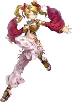 1girl artist_request blonde_hair blue_eyes breasts dancer gypsy_(ragnarok_online) medium_breasts one_eye_closed ragnarok_online smile source_request wink