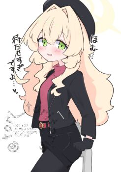 1girl :d against_railing alternate_costume beret black_gloves black_hat black_jacket black_pantyhose black_shorts blonde_hair blue_archive blush commentary_request gloves green_eyes hair_between_eyes hair_intakes halo hat highres jacket kujou_karasuma long_hair long_sleeves looking_at_viewer open_clothes open_jacket open_mouth pantyhose pantyhose_under_shorts professor_niyaniya_(blue_archive) railing red_shirt shirt short_shorts shorts simple_background smile solo translation_request turtleneck turtleneck_shirt very_long_hair watermark white_background
