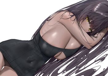 1girl absurdres alternate_costume armpit_crease bare_shoulders black_dress black_hair black_panties blue_archive breasts cleavage cleavage_cutout clothing_cutout covered_navel dark-skinned_female dark_skin dress hair_between_eyes hair_over_shoulder hashtag-only_commentary highres karin_(blue_archive) large_breasts long_hair looking_at_viewer lying on_side panties poharo ribbed_dress simple_background solo strapless strapless_dress thigh_gap underwear veins veiny_breasts very_long_hair white_background yellow_eyes