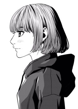 1girl bob_cut breasts commentary_request eyebrows_hidden_by_hair greyscale highres hood hoodie lee_(dragon_garou) light_blush medium_breasts monochrome original short_hair solo upper_body