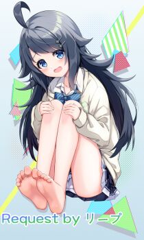 1girl barefoot black_hair blue_eyes blush comaya feet hands_on_own_knees highres inohara_koboshi long_hair looking_at_viewer ongeki open_mouth panties pantyshot soles toes underwear