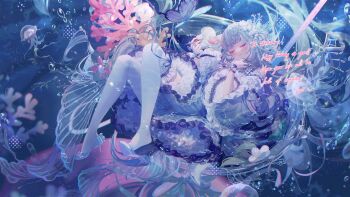 1girl blue_butterfly blue_dress blue_hair blue_shoes blunt_bangs blurry blurry_foreground blush bubble bug butterfly closed_eyes dress floating flower frilled_dress frills full_body hair_flower hair_ornament happy_birthday high_heels highres insect jellyfish light_smile long_hair original pantyhose ribbon shoes umehara_sei underwear white_pantyhose wrist_ribbon