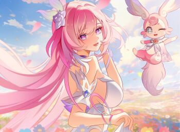 1girl bare_shoulders blue_sky breasts chijiandeyusang commentary cyrene_(honkai:_star_rail) cyrene_(ripples_of_past_reverie)_(honkai:_star_rail) diamond-shaped_pupils diamond_(shape) dual_persona evening flower hair_flower hair_intakes hair_ornament highres honkai:_star_rail honkai_(series) large_breasts long_hair looking_at_viewer looking_to_the_side mem_(honkai:_star_rail) open_mouth outdoors pink_hair pink_petals purple_eyes purple_flower purple_rose rose sky smile symbol-shaped_pupils upper_body