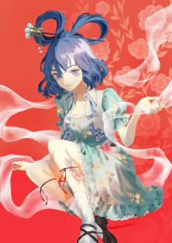 Rule 34 | 1girl, black shoes, blue dress, blue hair, breasts, chisel, cleavage, commentary request, commission, dress, floral background, hagoromo, hair ornament, hair rings, hair stick, hat ornament, highres, kaku seiga, looking at viewer, mary janes, natsuakari, ofuda, ofuda on leg, red background, shawl, shoes, skeb commission, smile, socks, solo, star (symbol), star hat ornament, touhou, vest, white socks, white vest