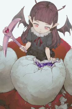 1girl black_dress brown_hair brown_wings commentary dolphro-kun dress grey_background heart holding horns long_hair mini_person minigirl neck_ribbon original parted_lips pickaxe pink_eyes pointy_ears puffy_short_sleeves puffy_sleeves red_ribbon ribbon short_sleeves simple_background smile solo symbol-only_commentary tooth very_long_hair wings