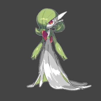 1girl arms_at_sides bob_cut closed_mouth colored_skin female_focus flat_chest full_body gardevoir gen_3_pokemon green_hair green_skin grey_background grey_outline hair_over_one_eye happy jaggy_lines looking_afar medium_hair multicolored_skin nintendo no_feet one_eye_covered outline oyama_yoihaya pokemon pokemon_(creature) red_eyes simple_background smile solo standing two-tone_skin white_skin