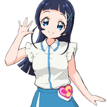 1girl aokaze_nana blue_eyes blue_hair blue_skirt blunt_bangs breasts dot_nose frilled_sleeves frills hair_ornament hand_up highres kimi_to_idol_precure light_blush long_hair looking_at_viewer precure salute shirt short_sleeves simple_background skirt small_breasts smile solo standing straight_hair tareme upper_body white_background white_shirt x_hair_ornament yakizakana_(yakizakana10967)