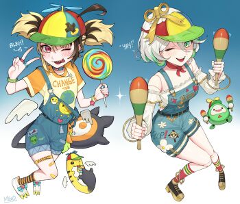 Rule 34 | 2girls, ;d, absurdres, ahoge, alternate costume, bandaid, bandaid on leg, baseball cap, black hair, black shoes, black socks, black tail, blonde hair, blue background, blue overalls, braid, candy, cecilia immergreen, choker, colored inner hair, commentary, cropped shirt, denim, denim overalls, detached wings, doll, doll joints, double-parted bangs, earrings, earth (planet), english commentary, english text, familiar, food, frilled shorts, frills, full body, gigi murin, glint, gradient background, green eyes, green hair, grem (gigi murin), grey hair, hair between eyes, hair ornament, hair through headwear, hat, highres, holding, holding candy, holding food, holding instrument, holding lollipop, holding maracas, hololive, hololive english, instrument, jewelry, joints, lollipop, looking at viewer, low wings, maracas, meme, migokami, multicolored hair, multicolored hat, multiple girls, multiple rings, off-shoulder shirt, off shoulder, one eye closed, open mouth, orange shirt, orange socks, otomo (cecilia immergreen), overall shorts, overalls, planet, platform shoes, print shirt, propeller hat and lollipop dog (meme), red eyes, red socks, ring, sharp teeth, shirt, shoes, short hair, shorts, side braid, sidelocks, single braid, single off shoulder, smile, socks, streaked hair, striped clothes, striped socks, tail, talking, teeth, tongue, tongue out, twintails, two-tone hair, two-tone socks, upper teeth only, v, virtual youtuber, white background, white hair, white shirt, white shoes, winding key, wings