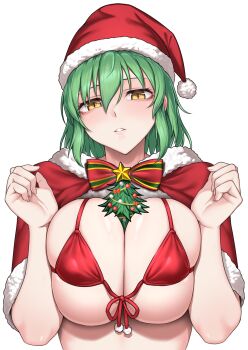1girl arms_up between_breasts bikini bow breasts breasts_squeezed_together capelet christmas christmas_ornaments christmas_tree commentary_request front-tie_bikini_top front-tie_top fur-trimmed_capelet fur-trimmed_headwear fur_trim green_hair hat highres hikage_(senran_kagura) large_breasts light_blush looking_at_viewer medium_hair parted_lips red_bikini red_bow red_capelet santa_bikini santa_costume santa_hat senran_kagura simulated_paizuri slit_pupils solo swimsuit upper_body white_background yellow_eyes zib_(boriku)
