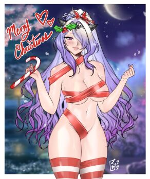 1girl alternate_costume blush breasts cameltoe camilla_(fire_emblem) camilla_(ninja)_(fire_emblem) candy candy_cane cherry_blossoms cleavage cleft_of_venus fire_emblem fire_emblem_fates fire_emblem_heroes food functionally_nude hair_ornament large_breasts long_hair looking_at_viewer midriff mistletoe navel ninja nintendo outdoors ponytail purple_eyes purple_hair ribbon side_slit snazzypumpkin solo thighhighs tiara wavy_hair