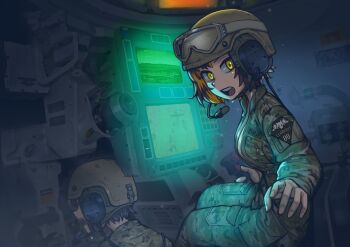 1girl 1other black_hair breasts brown_hair camouflage colored_inner_hair combat_helmet commentary commission erica_(naze1940) goggles goggles_on_headwear headphones headset helmet highres holding insignia interior jumpsuit long_sleeves looking_at_viewer medium_breasts microphone military military_combat_uniform military_uniform military_vehicle monitor motor_vehicle multicolored_hair multiple_monitors name_tag night_vision open_mouth orange_hair original overalls partially_unzipped patch screen screen_light short_hair shoulder_patch sitting soldier tank tank_cupola tank_helmet tank_interior teeth tongue two-tone_hair unit_patch united_states_army upper_teeth_only vehicle_interior yellow_eyes zipper zipper_pull_tab
