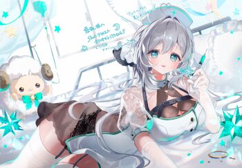 1girl absurdres aqua_eyes black_dress black_panties breasts commission dress gloves grey_hair hat hibari_yuu highres holding holding_syringe indie_virtual_youtuber jiu_(vtuber) large_breasts long_hair looking_at_viewer lying nurse nurse_cap on_bed on_side panties revealing_clothes see-through_clothes see-through_dress skeb_commission solo syringe thighhighs underwear virtual_youtuber white_gloves white_hat white_thighhighs